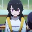 Placeholder: Clear focus, High resolution,a anime kid, roughline skecth, cute, cartoony style,interesting hair between eyes,black hair,, fluffy hair,long bangs,purple eyes, front view, anime screencap,background is a classroom, screaming and blushing