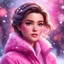 Placeholder: Digital painting of a beautiful girl in a stylish pink jacket, front view, Elsa's face, dark hair, hazel eyes, rosy cheeks, pink lips, Disney art, snowfall, colorful bokeh background, digital painting style, High Quality, 4k