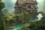 Placeholder: a tudor house on a hillside surrounded by jungle with a pond, blue sky, cinematic view, detailed architecture, concept art, high detail, well lit, volumetric lighting, volumetric clouds, godrays, vivid, trending on artstation, by jordan grimmer, art greg rutkowski