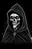 Placeholder: hanna-barbera grim skeleton in a black hooded cloak drawn in a retro mascot style, inside a light diamond shape on a black background, monochromatic