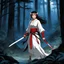 Placeholder: Princess Mononoke, fierce and untamed in her rage, standing amidst the ancient forest under the soft glow of the moonlight. Her linen dress billows gently in the night breeze, revealing her warrior spirit and connection to the wild. The red war paint on her face tells tales of battles fought and a spirit unbroken. With her wakizashi in hand, the short sword a symbol of her strength and determination, Princess Mononoke takes her stance in Chu-dan No Kamae, the eternal guardian of the forest rea