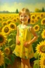 Placeholder: Neoclassicism child stanting in a field of sunfowers painting yellow realistic cote d'azur sunflowers smiling