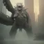 Placeholder: Kaiju, monster, humanoid bodybuilder, giant, ultra modern,futuristic, city, smoke, rain, digital illustration, fantasy, architecture, sharp focus, concept art, octane render, scary, 8 k