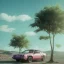 Placeholder: 1980's aesthetic vaporwave wood trees with spheres and car clasic and sexy girl