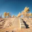 Placeholder: Photograph, wasteland, taiga trees, blue sky, brutalist steps, daylight, all'aria aperta, brutalist, liquid, polvere, open air museum style, blue, apparecchi elettronici, powder, punto giallo, minimalist, details of the dust very accentuated, deep 3d field