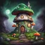 Placeholder: Outer space mushroom house on a lush green space island. Rich brown dirt and Bright Crystals comprise the base of the island. The Mushroom house has a lantern hanging above the door and a wispy green smoke rising from a gray stone chimney. Bold Bright Colors, Stark Dark background. Fantasy Style. High Quality, Painterly, Whimsical, Fun, Imaginative, Bubbly,