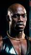 Placeholder: morris cheshunt as a handsome dark skinned and muscular heavy set man with a bald head and neatly trimmed beard. he is wearing a leather waistcoat and no shirt. he has a gold earing in his left ear