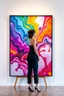 Placeholder: A women painted with Liquid abstract painting, bright colors Stand, liquid pattern in side large 3D picture frame