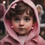 Placeholder: Painting of a little girl with big hazel eyes and short brown hair with a pink jacket and heart earrings, 2 years old, adorable eyes, cute face, light colors, adorable little girl, oil pastel, oil pastel painting, oil painting, painting style