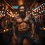 Placeholder: full figure photography of a burly trucker muscular strong 42-year-old turkish in a discoteque, serious, shirtless, short beard, dancing rock shirtless, manly chest, big shoulder, tribal tattoo, very hairy, side light, view from the ground