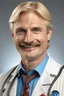 Placeholder: Mid-thirties, Caucasian male doctor, kind smile, blonde hair (slightly disheveled) thick blonde mustache, pale blue eyes, broad shoulders, muscular, six foot, Hawaiian shirt under white lab coat (with blood stains around the edges) , Strong Jaw line, encroaching shadowy tendrils,stethoscope draped around neck, photo realistic