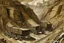 Placeholder: A sepia underground mining village with minecarts painted by Alfred Sisley