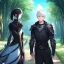 Placeholder: Girl with white hair. Boy with black hair wearing leather armor. Forest path