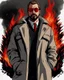 Placeholder: a young man with big muscles who looks like hans gruber wearing a heavy coat and red sunglasses staring with an irritated look on his face standing in front of a large fire