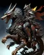 Placeholder: A combination of a dragon and a wolf and a commander riding on it Warrior warrior with leather and metal clothes and robotic metal