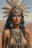 Placeholder: head to waist - native American Indian - Joan Collins - craggy desert wasteland background, 32k, UHD, Hyper-realistic oil painting by Gerald Brom