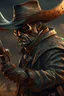 Placeholder: Bosch nightmares paint inf style Title: " cowboy with his gun towards you “ insanely detailed octane render trending on artstation, 8k artistic photography, photorealistic concept art, soft natural volumetric cinematic perfect light, chiaroscuro, award-winning photograph, masterpiece, oil on canvas, Raphael, Caravaggio, Greg Rutkowski, people, beksinski, Giger