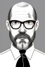 Placeholder: black and white,real estate agent,bald white male with grey beard,55 years old,metal wire frame glasses,, necktie,portly,detailed drawing,white background