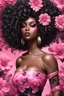 Placeholder: Create an urban art style image of a curvy black female wearing a pink off the shoulder blouse and she is looking down with Prominent makeup. Highly detailed tightly curly black afro. Background of large pink and black flowers surrounding her