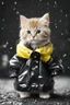 Placeholder: baby cat in raincoat. Chibi, Photograph, Canon DSLR, Tilt - shift, black background, high definition, Complete and coordinated composition, 8k