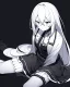 Placeholder: hurt, black and white, anime girl sitting with full-black background