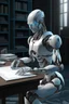 Placeholder: generate a front cover representation of Ai photo realistic attractive full body humanoid bot writing a book at a desk