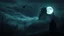 Placeholder: A dark gothic fantasy landscape at night, cinematic wide shot, a ruined gothic castle standing on top of a steep hill on the right side of the image, illuminated by a large full moon high in the sky. Thick rolling fog drifts across the ground and around the hill. Several raven silhouettes fly across the moonlit night sky. On the left side, a dark, dense forest with twisted, leafless trees. At the edge of the forest stands a lone black-hooded figure, seen from behind, fog, cinematic