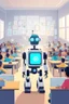 Placeholder: a robot teacher in a classroom with a lot of different student robots: reader, builder, speaker,