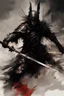 Placeholder: A formidable warrior man in black armor defends herself with a shiny sword, a fabulous scary hero, juicy emotions, painting, gloomy fantasy, gloomy day, dark world,, without a background, oil and graphite, wide strokes, a weaving frame around, by Ryohei Hase, Agnes Cecile, Raymond Swanland, Anne Bachelier