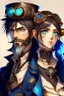 Placeholder: anime couple, steampunk , colorful, man with salt and pepper beard and woman with dark hair and blue eyes