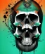 Placeholder: minimal lineart skull. watercolor and ink. black background. teal and orange