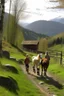 Placeholder: Spring in skåbu, sun, children walking in mountains, horse, broken tractot