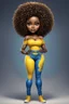 Placeholder: Create an airbrush image of a curvy chibi cartoon black female wearing tight yellow jeans and a blue off the shoulder blouse. Prominent make up with hazel eyes. Extremely highly detailed shiny, wild and large tight curly afro