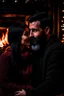 Placeholder: Fire place Christmas scene, dark haired couple, man with short black beard, blue eyes, cozy, young couple, high definition