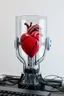 Placeholder: Photo of real heart on robot face inside A glass cylinder connected with wires to main computer