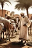 Placeholder: old man, Arab, turban, white clothes, cattle, desert, council, sun, palm trees, mud houses