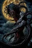 Placeholder: A dramatic digital painting portraying a horror monster under the Moon, veins pulsing, claws of temptation visible, soul in turmoil. In the style of Luis Royo and Boris Vallejo and Giger, vivid colors, swirling brushstrokes, highly detailed, 8k resolution, surrealistic., juicy emotions, painting, gloomy fantasy, gloomy day, dark world, portrait, oil and graphite, wide strokes, a weaving frame around, by Ryohei Hase, Agnes Cecile, Raymond Swanland, Anne Bachelier