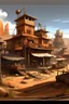 Placeholder: Space Western Town, Wild West, Tin, Sandstone, Gold, Old and Rusted, Hyperdetailed, Maximalist, Bustling, Underground, Browns greys and oranges.