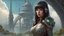 Placeholder: exotic slim sci-fi girl, with long dark hair with bangs, on an alien planet with tall cloud trees, tall spires, buildings, bridges, arches, photorealistic