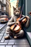 Placeholder: One single mature cat playing violin on the street, Vienna, model style, hyper realistic, extremely accurate, delicate, extremely detailed, Graphic novel style, wide-angle, open aperture, superfine pencil