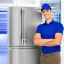 Placeholder: Refrigerator technician is smiling and working on the refrigerator