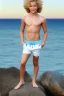 Placeholder: full body image of a beautiful 12 year old boy with long, blonde curly hair and light blue eyes, smiling, shirtless, in front of an distant beach, 8k