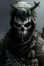 Placeholder: A soldier in the game modern warfare, he wears a skull mask with horns that covers his eyes. The lower half of his face is covered by a mask with a bloody fanged grin. He is a sniper, but can also run point. His call sign is Wraith. Couple