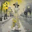 Placeholder: Whimsical and crazy painting of a full body young woman in a soft and dreamy style. The figure standing in the boulevard under a gas lamp shining a pale yellow light is shown in shades of gray and white, with red and yellow dots for emphasis. She wears a flowing black muslin dress and a black wide-brimmed hat, which gives her a graceful and elegant look. The background is abstract, with dull tones that blend together to create a misty atmosphere. Large, stylish red flowers frame the scene, with