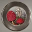 Placeholder: Patchwork, large Amanita muscaria mushrooms in a silver plate