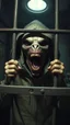 Placeholder: Bosch painting style nightmares, an alien creature with hood screaming and locked in behind bars , in dark prison environment with dim lights like 1800 prisons .