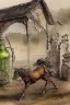 Placeholder: A rocking horse and bottled drinks by Jean-Baptiste Monge, watercolour and ink, extremely detailed, crisp quality, very attractive, fantastic view, award winning in sunshine