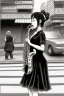 Placeholder: One single mature female cat playing saxophone on the street, swinging dress, Osaka, thoughtful, mourning, model style, hyper realistic, extremely accurate, delicate, extremely detailed, Graphic novel style, wide-angle, open aperture, superfine pencil