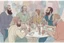 Placeholder: whimsical colorful cartoon ink and tint, 4 people sitting conversating at table, semi overhead view, relaxed, social, various drinks, glasses, bottles on table, 2 men with black beards, 1 woman with red hair in elegant dress, another man with blue hair listening. The background features abstract shapes and muted pastel colors, whimsical vibe, neanderthal influence