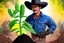 Placeholder: cowboy holding a plant growing in biochar. Biochar background